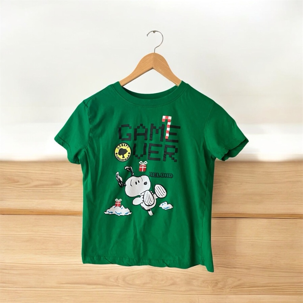 Peanuts x Let's Play Snoopy Green Kids T-Shirt GAME OVER RELOAD Christmas Medium